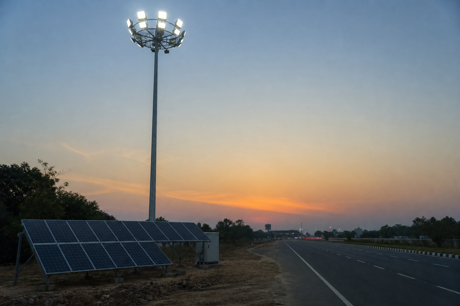 Solar highmast system at dusk