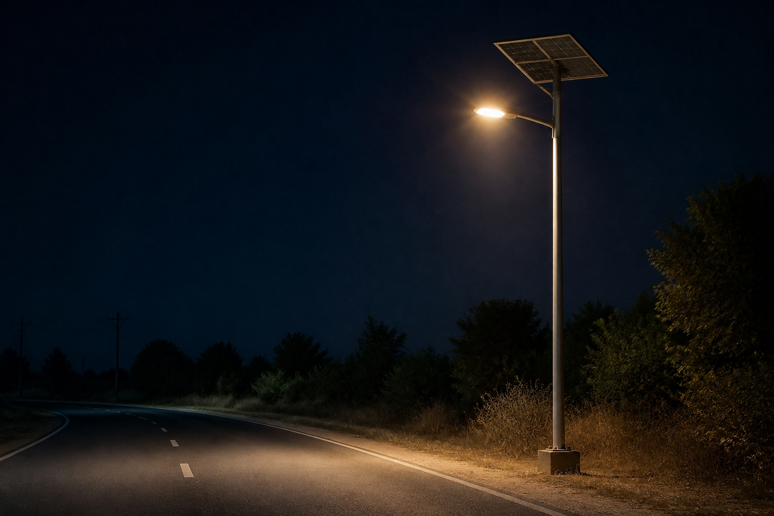 Solar street light illuminating a road at night